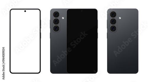 Detailed black mobile phone with stylus mockup. Front and rear view isolated on transparent background. Vector PNG