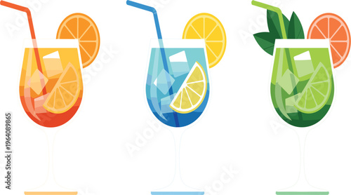 Set of tropical summer cocktails with citrus slices, ice cubes and straws in vector illustration