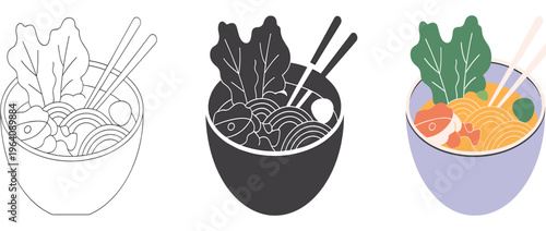 Japanese ramen noodle soup bowl set with chopsticks, outline and silhouette style asian food vector