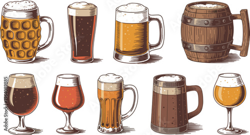 Vintage beer glasses and mugs set, hand drawn craft brewery collection with ale and lager