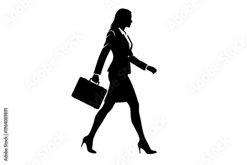 The Determined Ascent: Silhouette of a businesswoman strides confidently forward, briefcase in hand, embodying ambition and purpose.