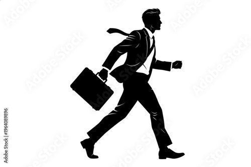 Swift Endeavor: A silhouette of a determined businessman strides forward, briefcase in hand, embodying ambition and purpose. Capturing a journey toward success and professional drive.