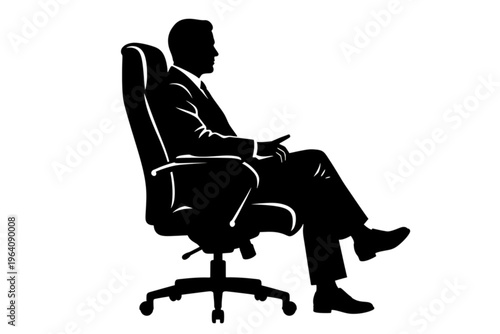 The Executive's Contemplation: A distinguished silhouette of a suited executive sits thoughtfully, seated in an executive chair, exuding an air of quiet power and contemplation.