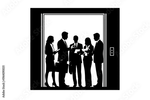 Business Meeting in Elevator: Silhouette of business professionals in an elevator, engrossed in a meeting. This image conveys a sense of collaboration, communication.