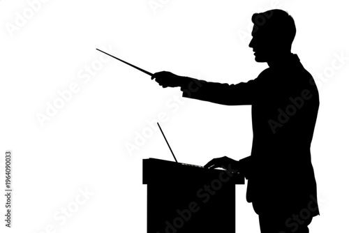 Orchestral Silhouette: A maestro, silhouetted against a plain background, passionately conducts an unseen orchestra, his baton a dynamic extension of his art.