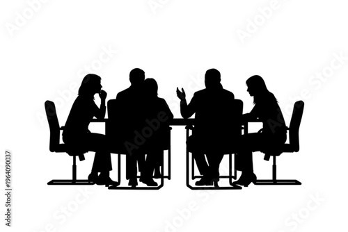 Silhouette Business Meeting: A group of individuals engaged in a strategic discussion around a table, outlined in stark silhouette against a clean backdrop. Suggesting a moment of decision-making.