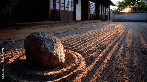 Tranquil beauty of a Zen garden at sunset