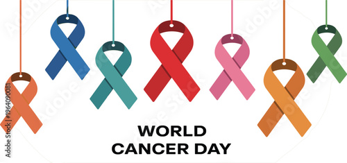 World Cancer Day vector illustration with hanging colorful awareness ribbons for oncology support and global health