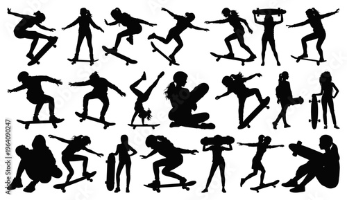Girl Skateboarder Silhouette Set Performing Various Tricks and Stunts Isolated on Transparent Background