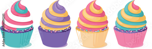 Set of sweet cupcake vector illustrations with colorful swirl frosting, sprinkles, and bright liners for dessert