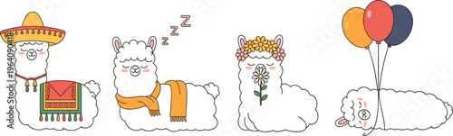 Cute llama vector set with sombrero, flower crown, sleeping alpaca, and floating balloons for nursery design