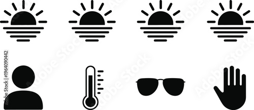 Summer heat safety icons set with rising sun over sea person silhouette thermometer sunglasses and hand stop gesture for sun protection