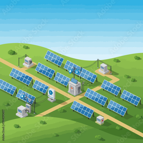 Solar Panel Array on Green Hills - Sustainable Energy Generation.