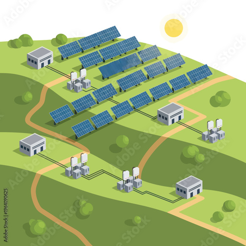 Isometric Solar Power Plant on Green Hillside Illustration.