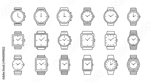 Collection of various wristwatches and smartwatches in line art style on white background