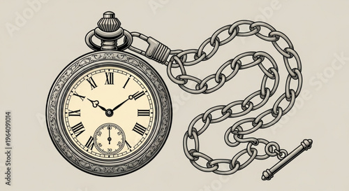 Vintage pocket watch with chain and fob on beige background classic timepiece with roman numerals