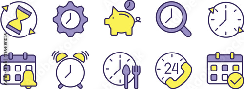 Collection of time and productivity management icons with clock and calendar themes