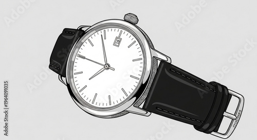 Elegant silver watch with white face and black leather strap on light gray background