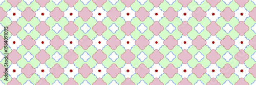 Pastel Trellis Seamless Pattern. Soft Quatrefoil Geometric Background with Pink and Mint Decorative Tile Motif.
