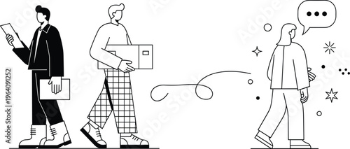 Business People Walking and Working Illustration Set with Office Worker Carrying Box, Reading Documents, Communication and Daily Work Routine Vector Line Art