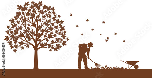 Autumn garden work silhouette with man raking leaves, seasonal landscaping concept, fall cleanup illustration, nature outdoor activity isolated on white background