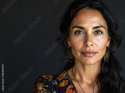 Mujer morena con cabello oscuro de raza y cultura gitana con mirada directa sobre fondo oscuro, expresión natural, detalle de piel y rasgos gitanos con espacio para copy