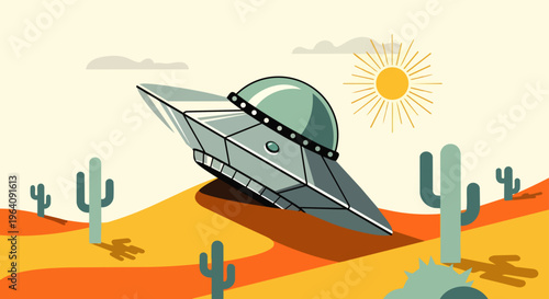 retro style ufo flying saucer crashed in a desert landscape with cacti under a sunny sky.