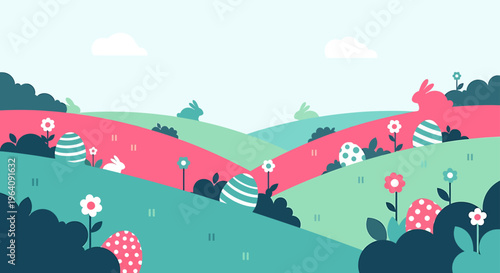 an easter egg hunt in a vibrant spring landscape with cute bunnies and colorful flat design illustration perfect for holiday celebration.