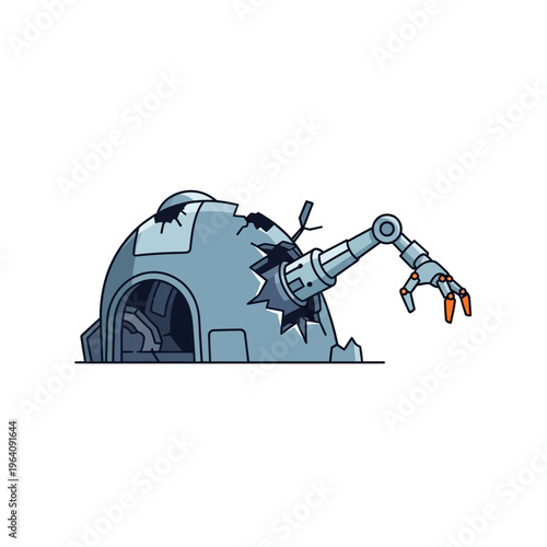 broken robot and a damaged machine with a robotic arm reaching out from its destroyed shell symbolizing technology failure and artificial intelligence malfunction.