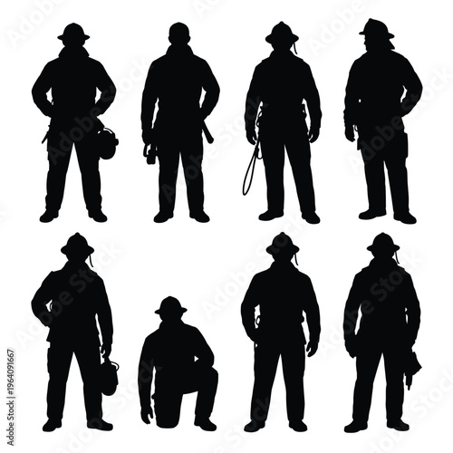 A group of firefighter silhouettes in various poses and uniforms