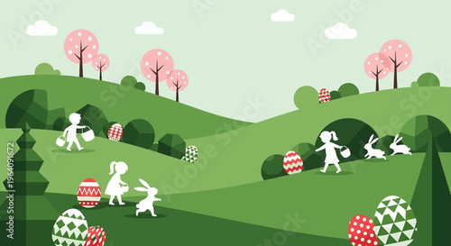 easter egg hunt featuring children collecting colorful eggs with playful bunnies in a spring flat design landscape illustration