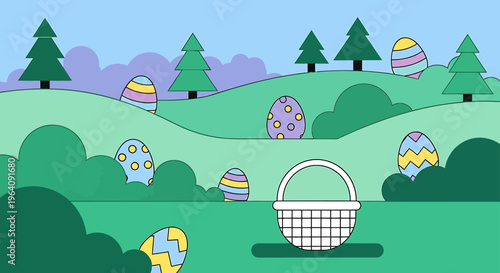 easter egg hunt flat design illustration with colorful eggs hidden in green hills and bushes basket for spring outdoor fun.