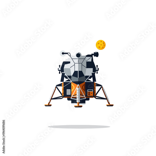lunar module apollo mission spacecraft depicting moon landing and space exploration floating near a cratered moon in a modern flat design style illustration.