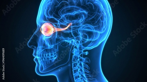 Human head anatomy with glowing brain and optic nerve highlighting eye vision pathway in transparent skull medical illustration