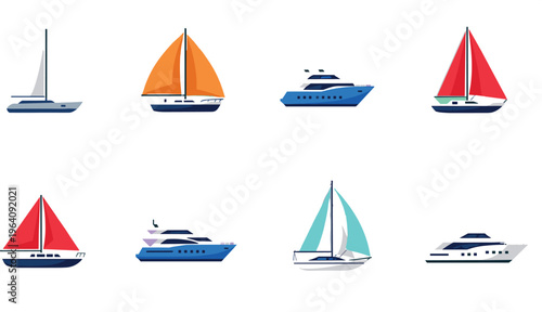Collection of colorful sailboats and luxury yachts vector illustration, modern marine transport icons set, nautical design elements isolated on light background