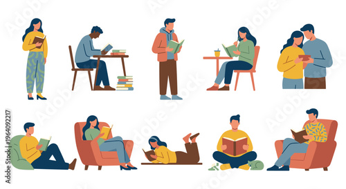 Adults and young people reading books in diverse comfortable settings.