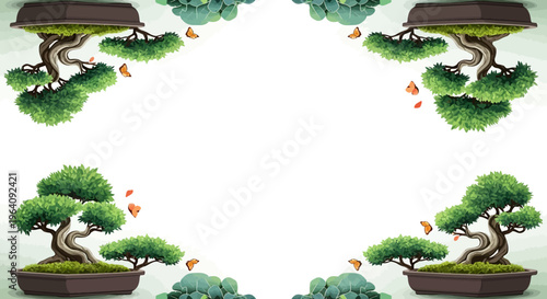 Tranquil Bonsai Trees Frame with Butterflies and Greenery - Serene Japanese Garden Art