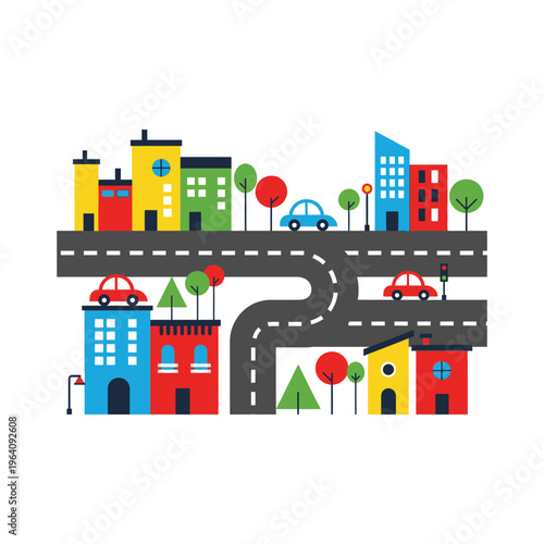 Colorful cityscape with roads and buildings
