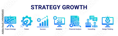 Strategy Growth web banner icon vector illustration with icons of Project Strategy,Future,Success,Analytics,Financial Analysis,Consulting and Design Thinking