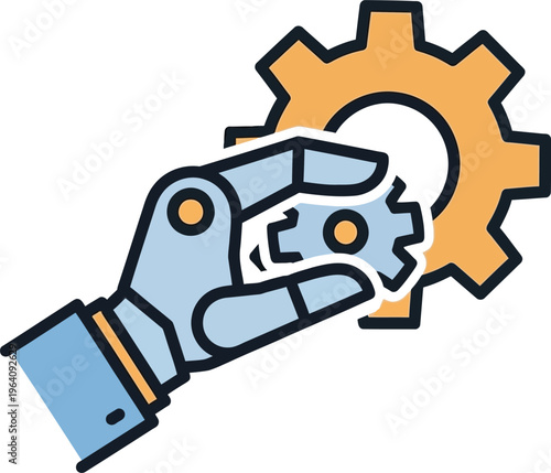 Robotic hand holding interlocking gears representing automation and technology