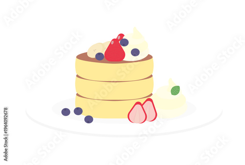 バナナといちごとブルーベリーとホイップが添えてあるパンケーキのイラスト