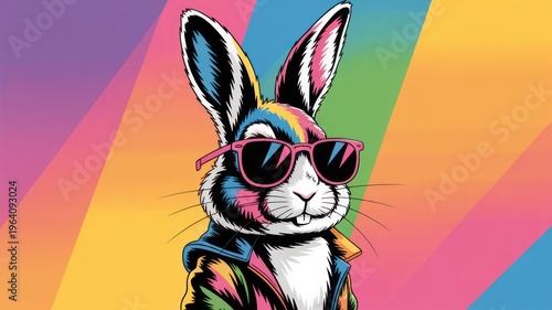 A colorful cartoon rabbit wearing sunglasses and a jacket