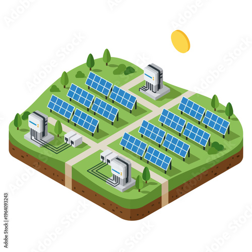 Isometric Solar Panel Farm with Inverters and Sun.