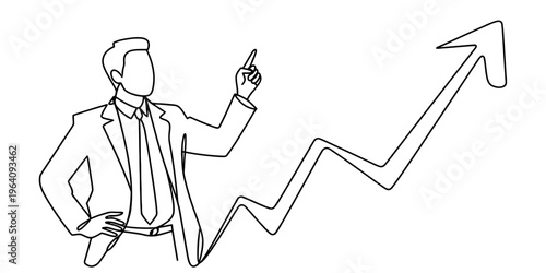 A continuous line drawing of a businessman pointing at a rising arrow representing business growth