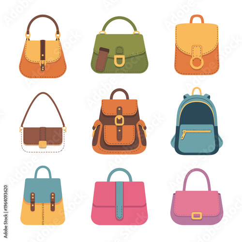 A collection of colorful handbags and backpacks on a white background