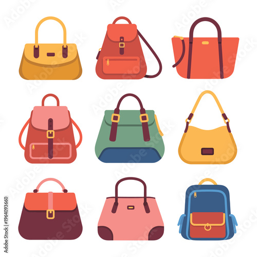 A collection of colorful handbags and backpacks on display