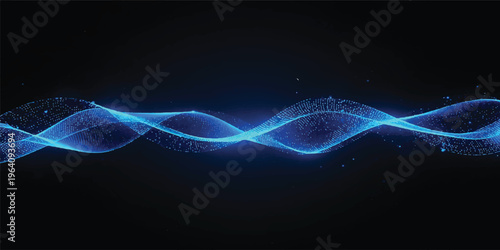 Futuristic blue wave motion with glowing fractal lines and bright energy curves creates a light abstract design on a black technology space backdrop