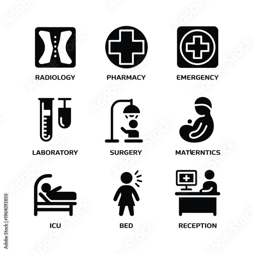 A collection of medical icons and symbols for healthcare services
