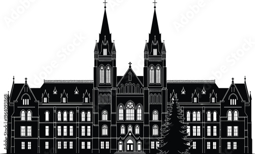 Detailed Gothic building silhouette with towers, arched windows, ornate design, evergreen tree foreground, historic architecture symbolizing grandeur and symmetry.