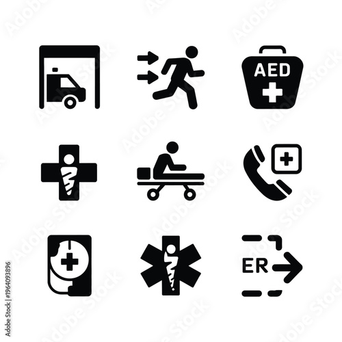 A collection of medical emergency icons on a white background